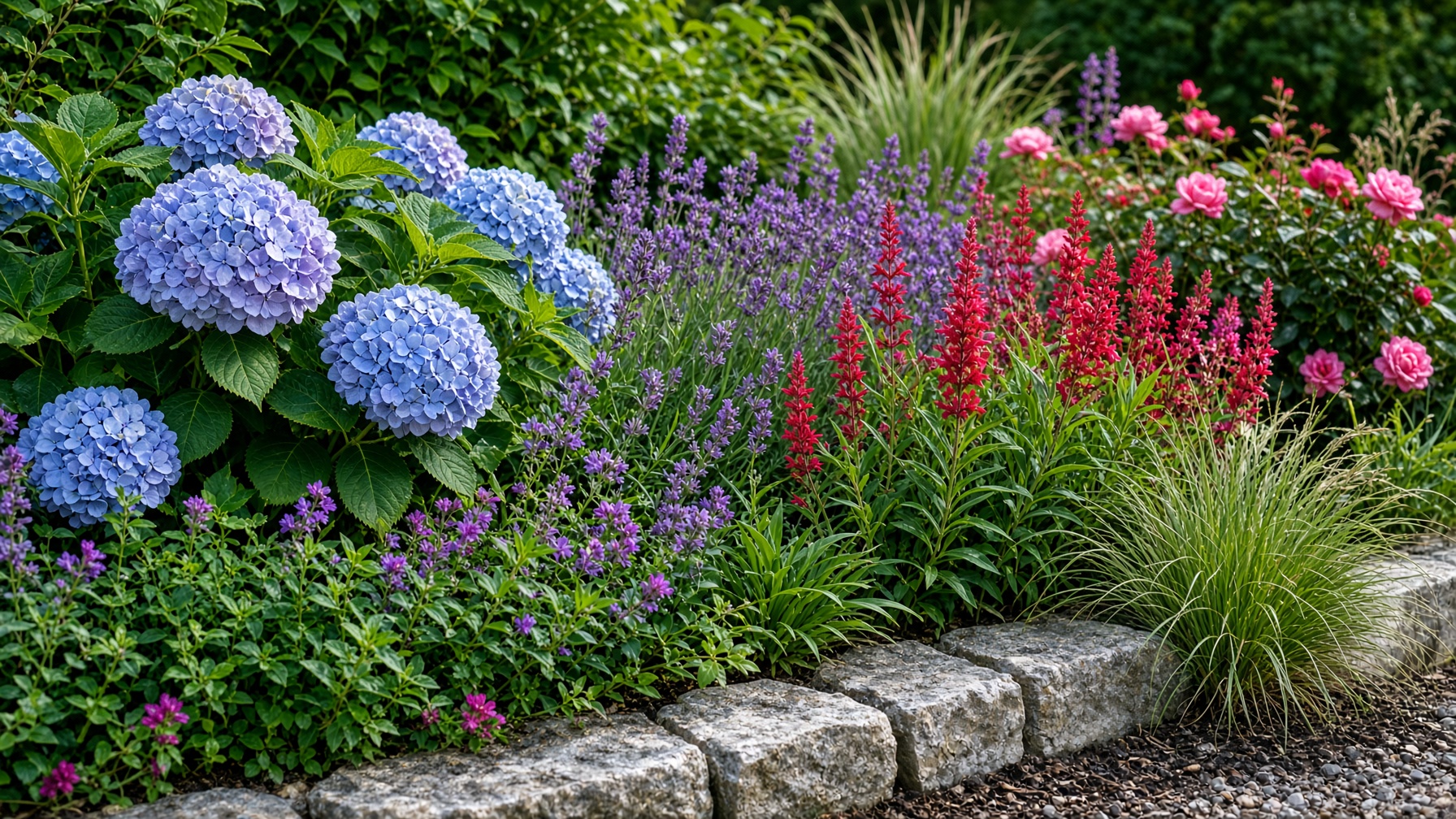 Garden beds with hydrangeas, roses, and lavender