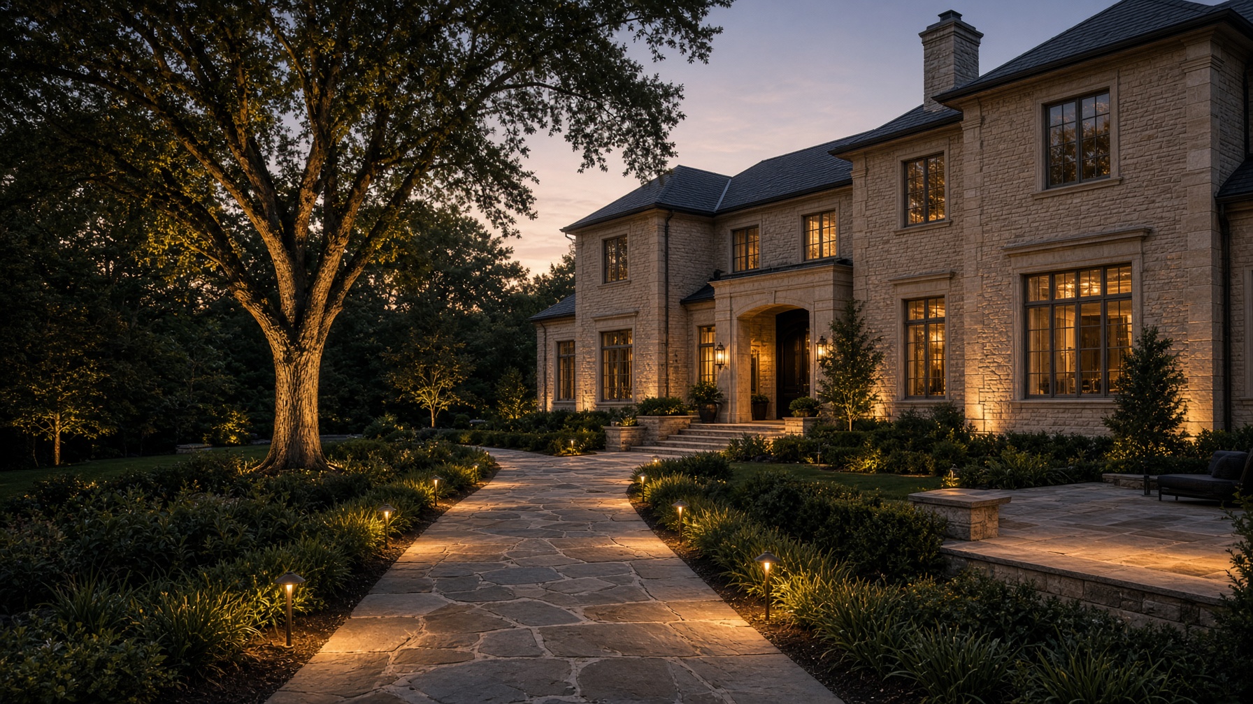 Landscape lighting along a garden path at dusk