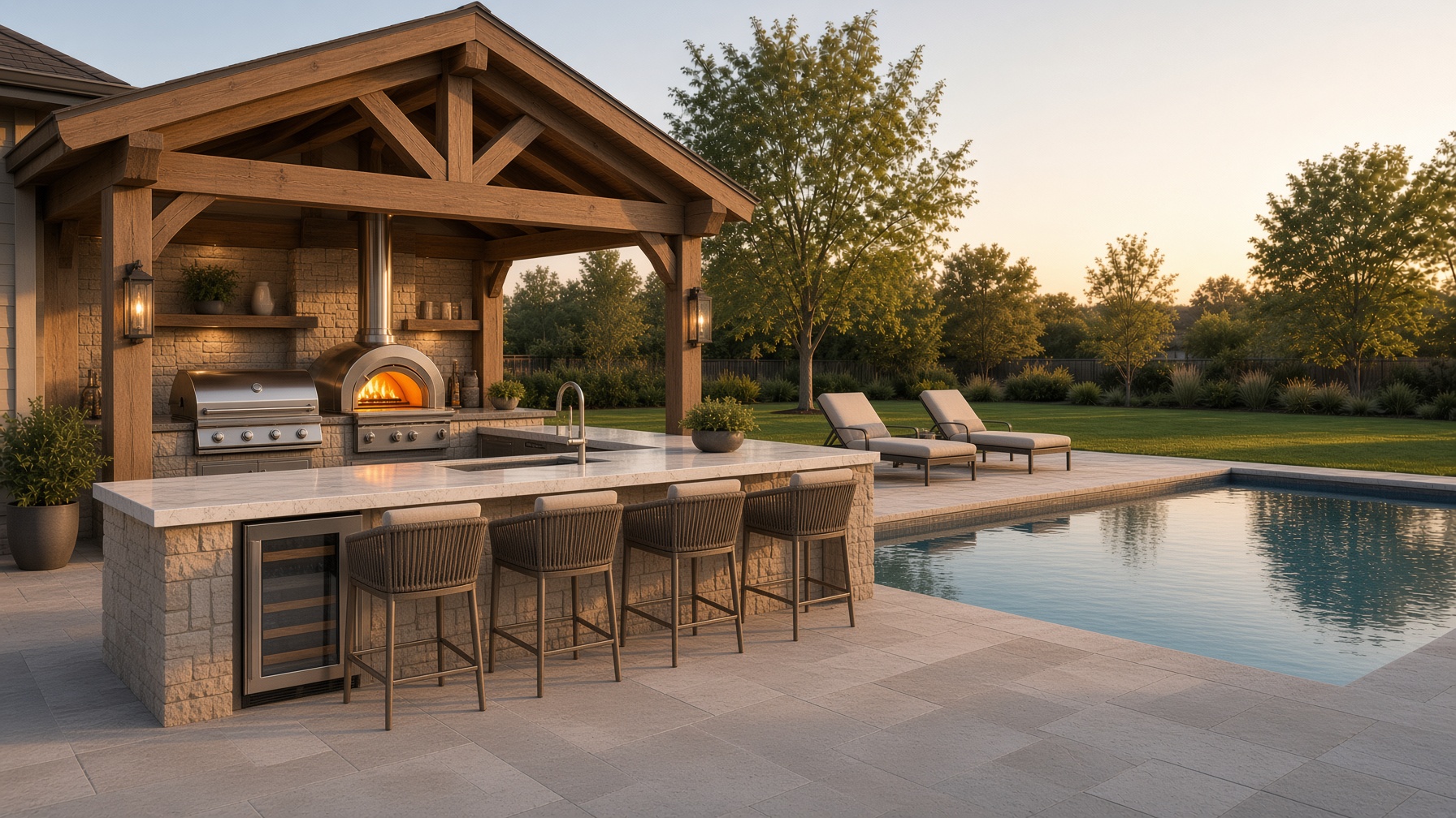 Fancier outdoor kitchen and pool