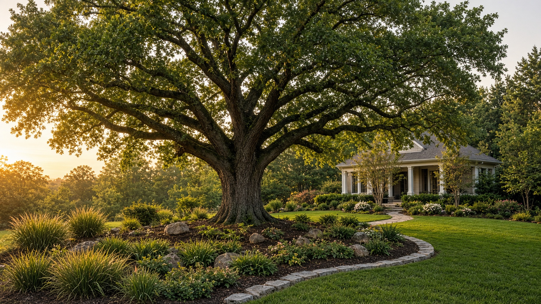 Large mature trees in front of a house
